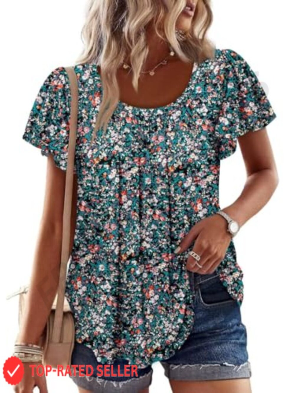 Womens Floral Tunic Top Short Sleeve Crew Neck Loose Fit Blouse